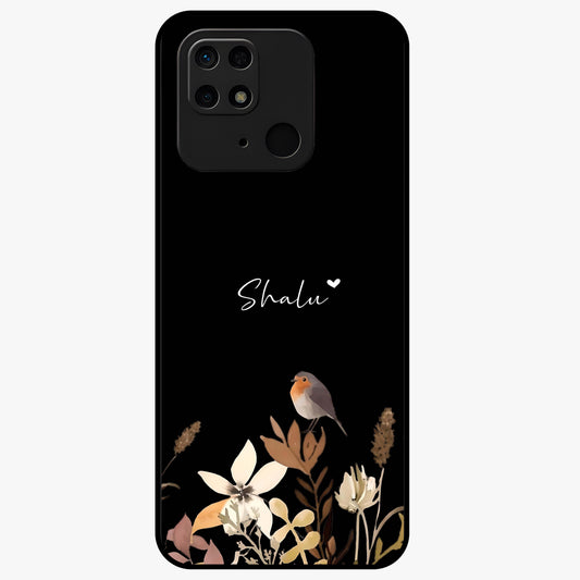 Quiet Garden Tune Custom Name Glass Case showing flat back view with peaceful garden artwork and personalized name design.