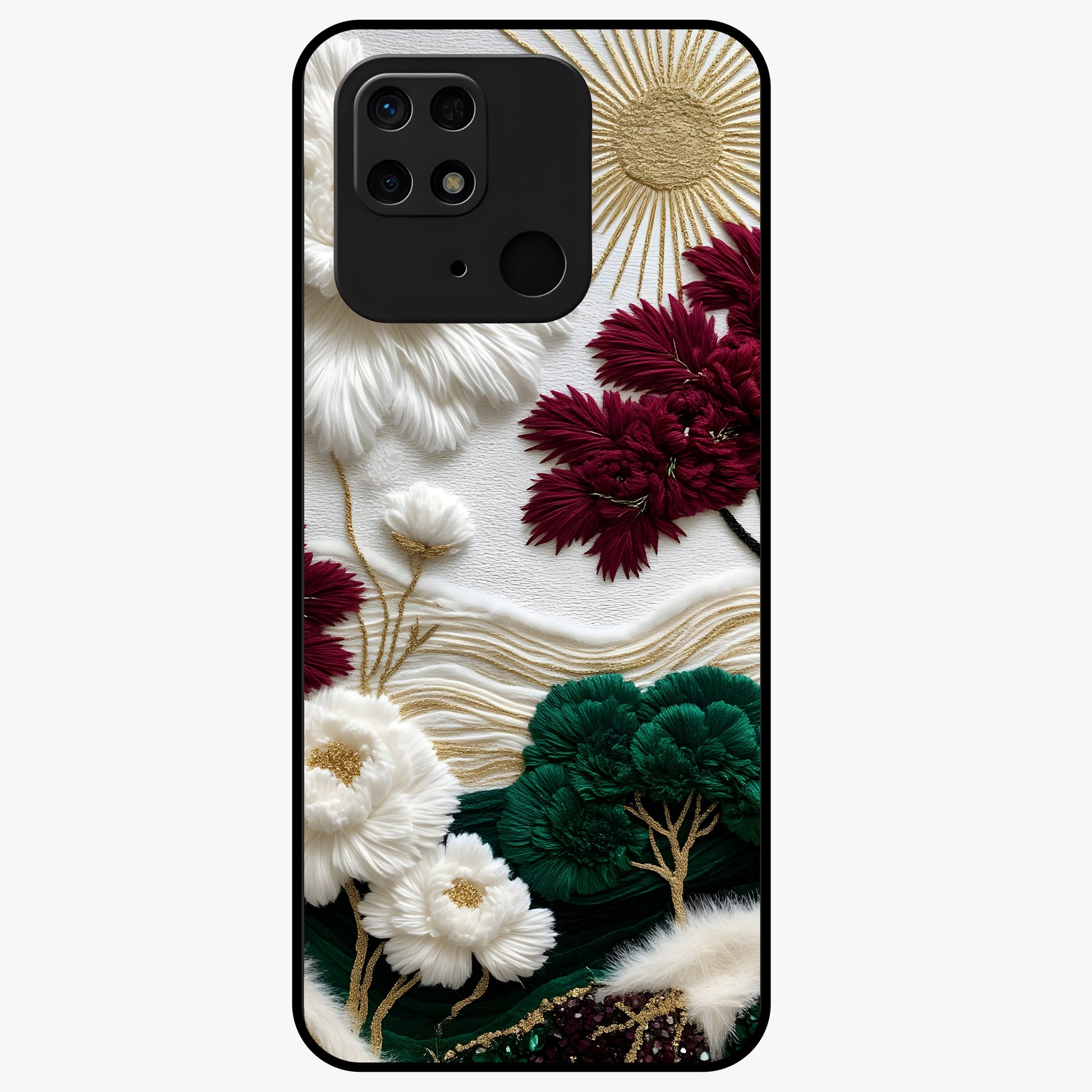 Radiant Bloom Elegance Glass Case showing flat back view with elegant blooming flower artwork and glossy glass finish.