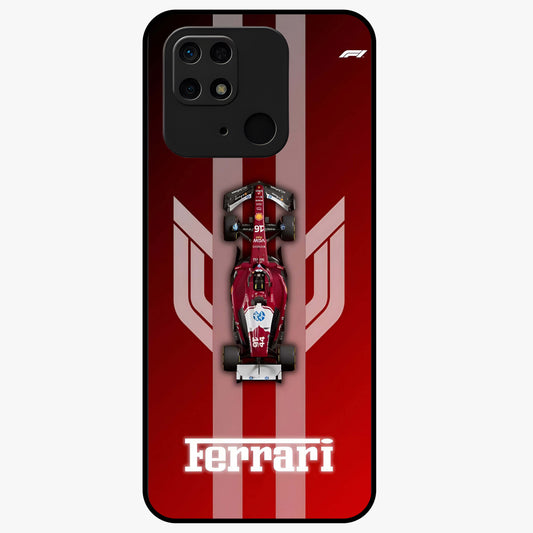 Red Ferrari F1 Vertical Glass Case showing flat back view with sleek Formula racing car artwork and glossy glass finish.