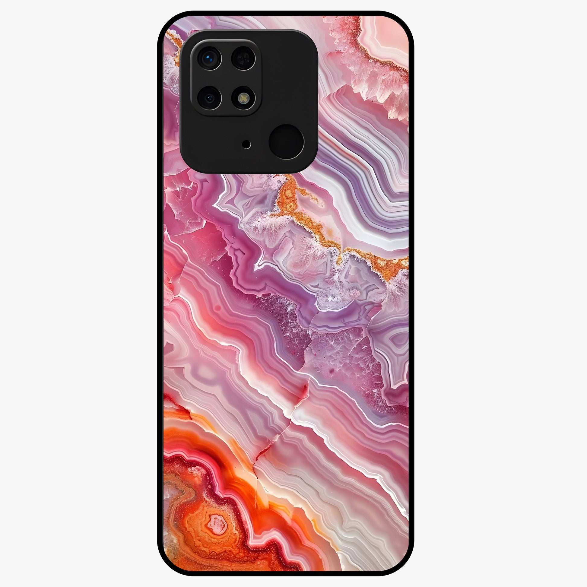 Rose Quartz Marble Glass Case showing flat back view with pink marble quartz texture artwork and glossy glass finish.