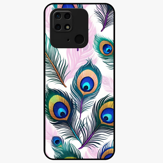 Royal Peacock Feathers Glass Case showing flat back view with colorful peacock feather artwork and glossy glass finish.