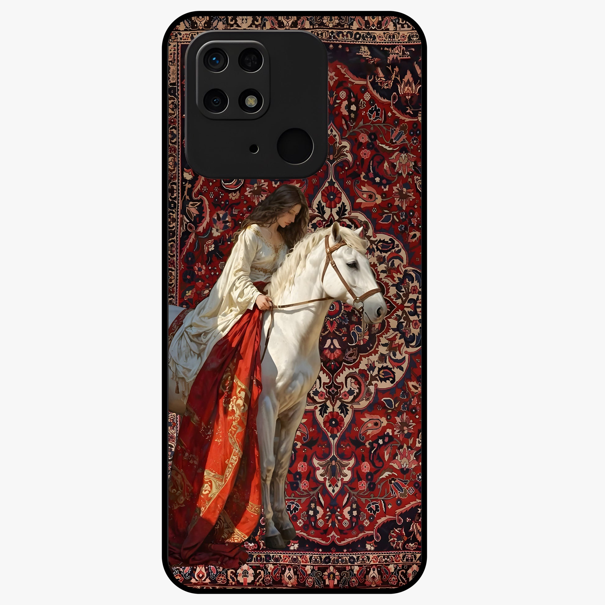 Royal Rider Tapestry Glass Case showing flat back view with majestic horse rider tapestry artwork and glossy glass finish.