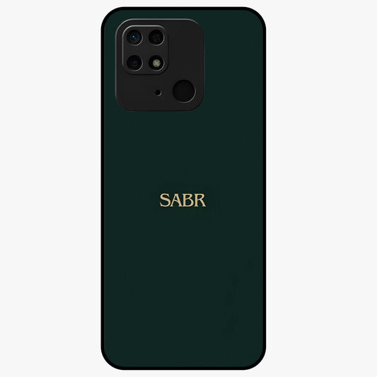 Sabr Minimal Patience Glass Case showing flat back view with minimalist typography artwork and glossy glass finish.