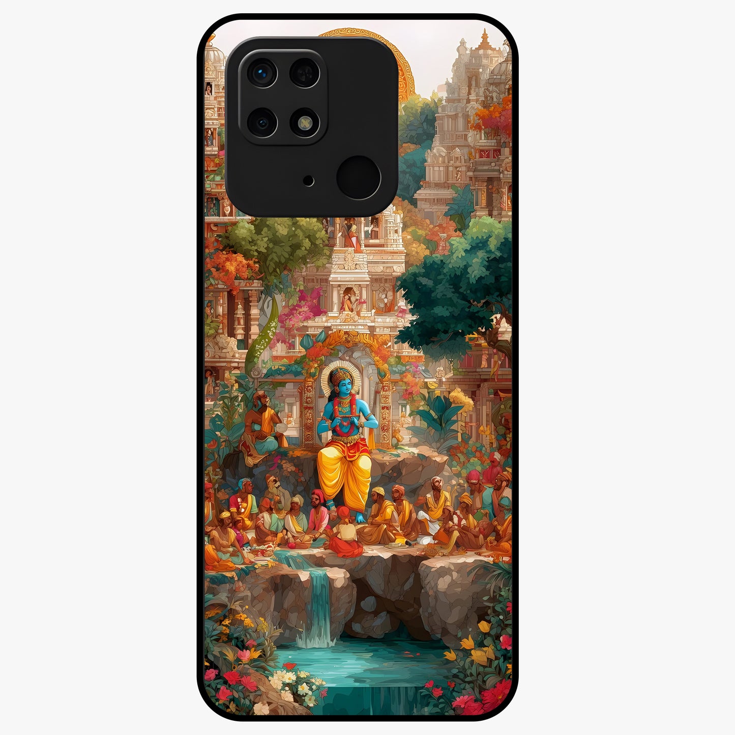 Sacred Sunlight Gods Glass Case showing flat back view with divine sunlight themed artwork and glossy glass finish.