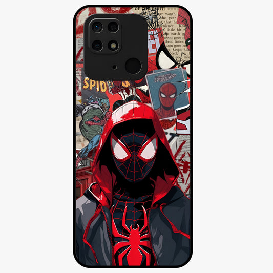 Spider Collage Street Glass Case showing flat back view with vibrant superhero collage artwork and glossy glass finish.