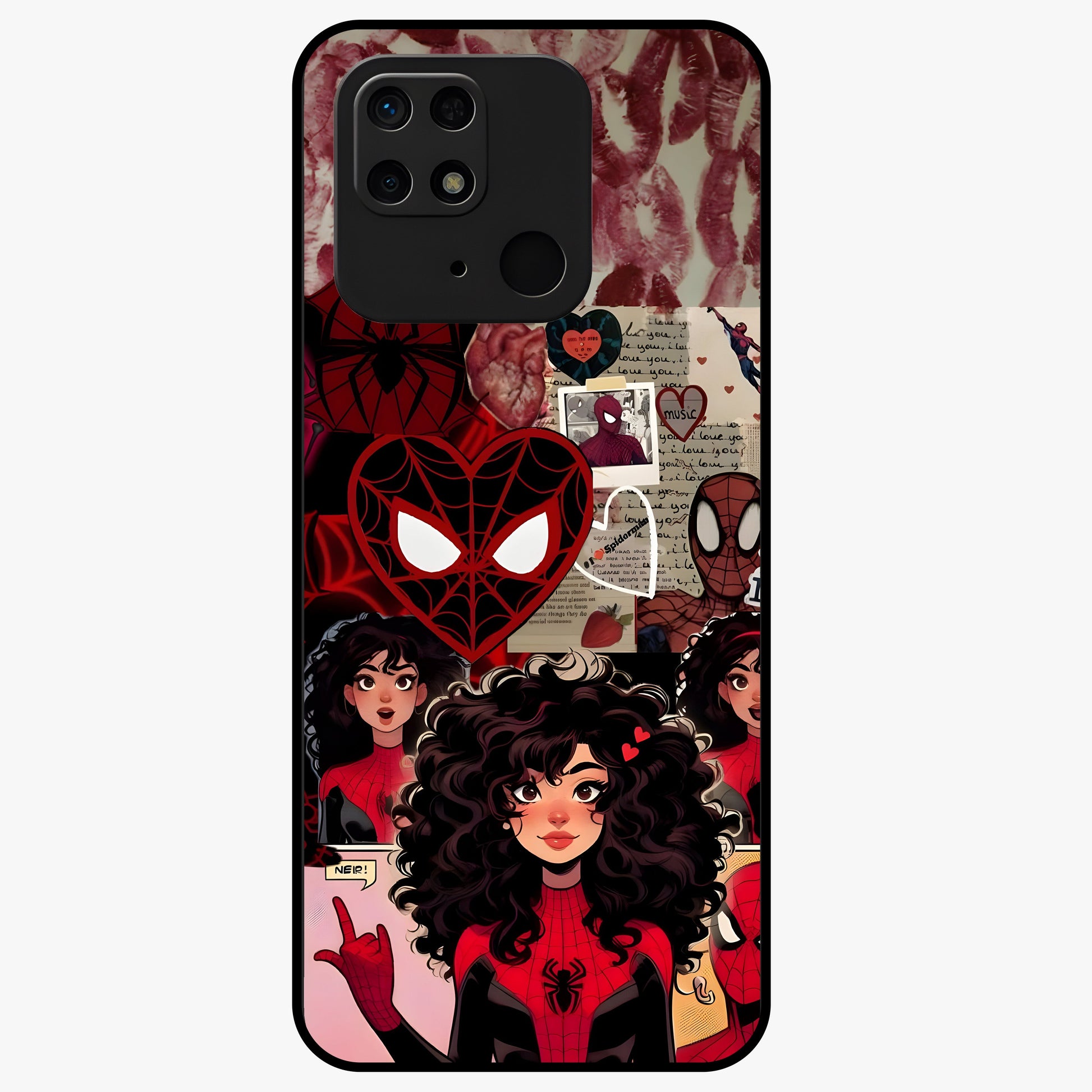 Spider Love Story Glass Case showing flat back view with romantic superhero themed artwork and glossy glass finish.