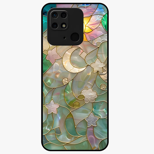 Stained Sunrise Glow Glass Case showing flat back view with glowing sunrise stained pattern artwork and glossy glass finish.