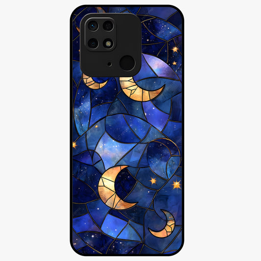 Starlit Sky Tapestry Glass Case showing flat back view with decorative starry sky tapestry artwork and glossy glass finish.