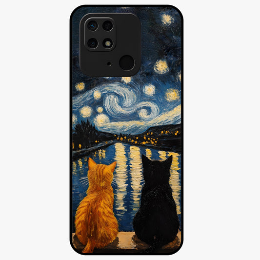 Starry River Cats Glass Case showing flat back view with cats by a starry river artwork and glossy glass finish.