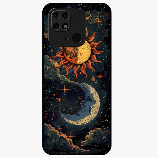 Sun And Moon Magic Design Glass Case showing flat back view with mystical sun and moon artwork and glossy glass finish.