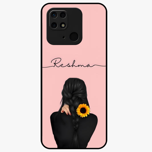 Sunflower Braid Beauty With Custom Name Glass Case showing flat back view with sunflower braid artwork and personalized name design.