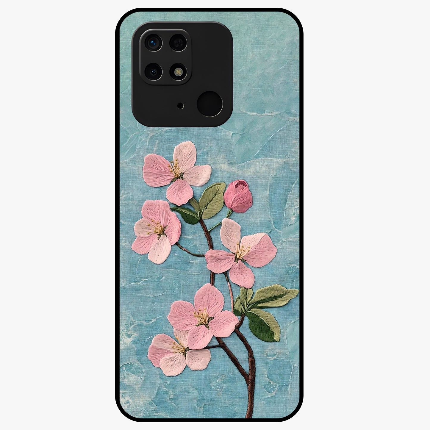 Threaded Blossom Breeze Glass Case showing flat back view with delicate blossom artwork and glossy glass finish.