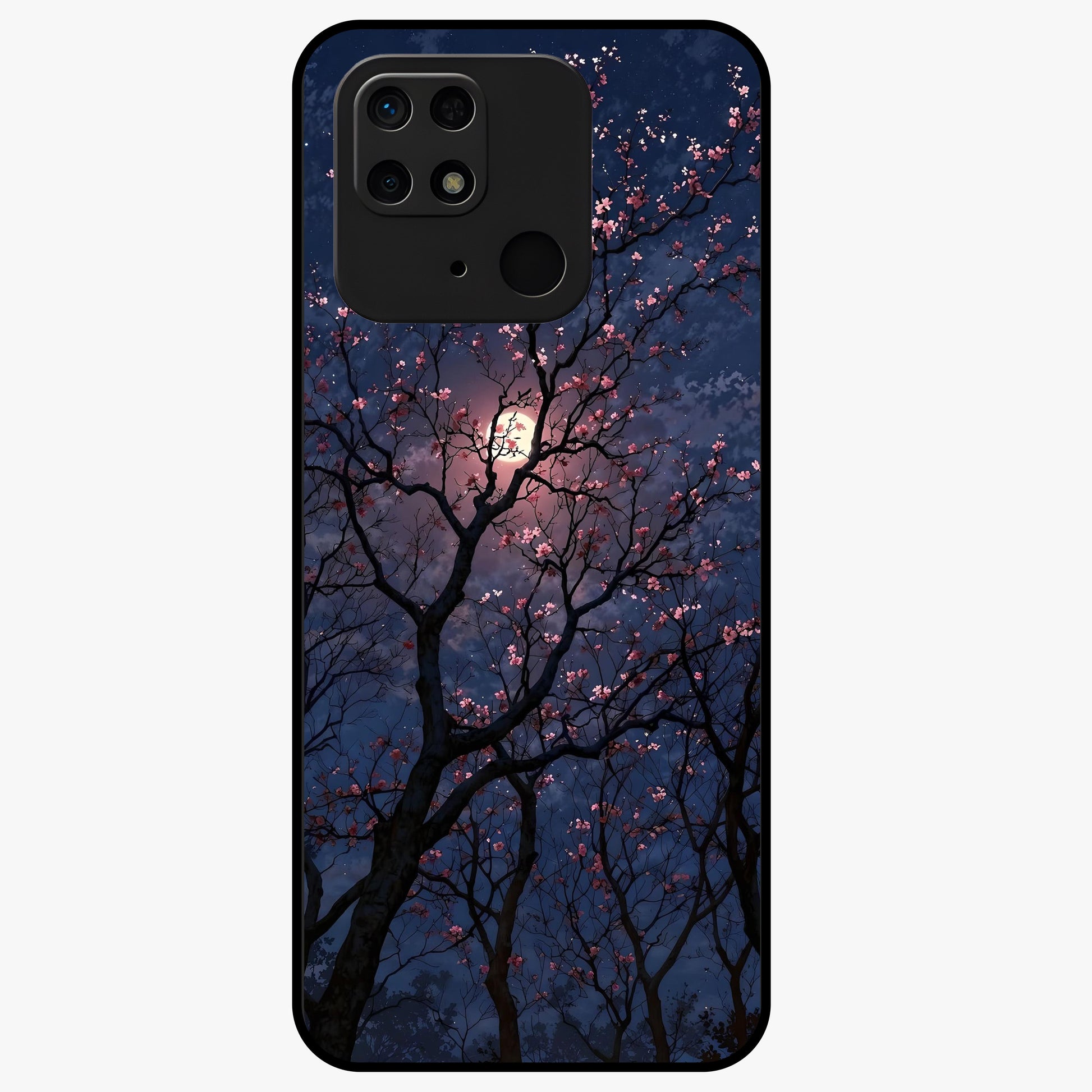 Twilight Sakura Serenade Glass Case showing flat back view with cherry blossom artwork at twilight and glossy glass finish.