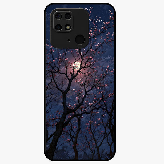 Twilight Sakura Serenade Glass Case showing flat back view with cherry blossom artwork at twilight and glossy glass finish.