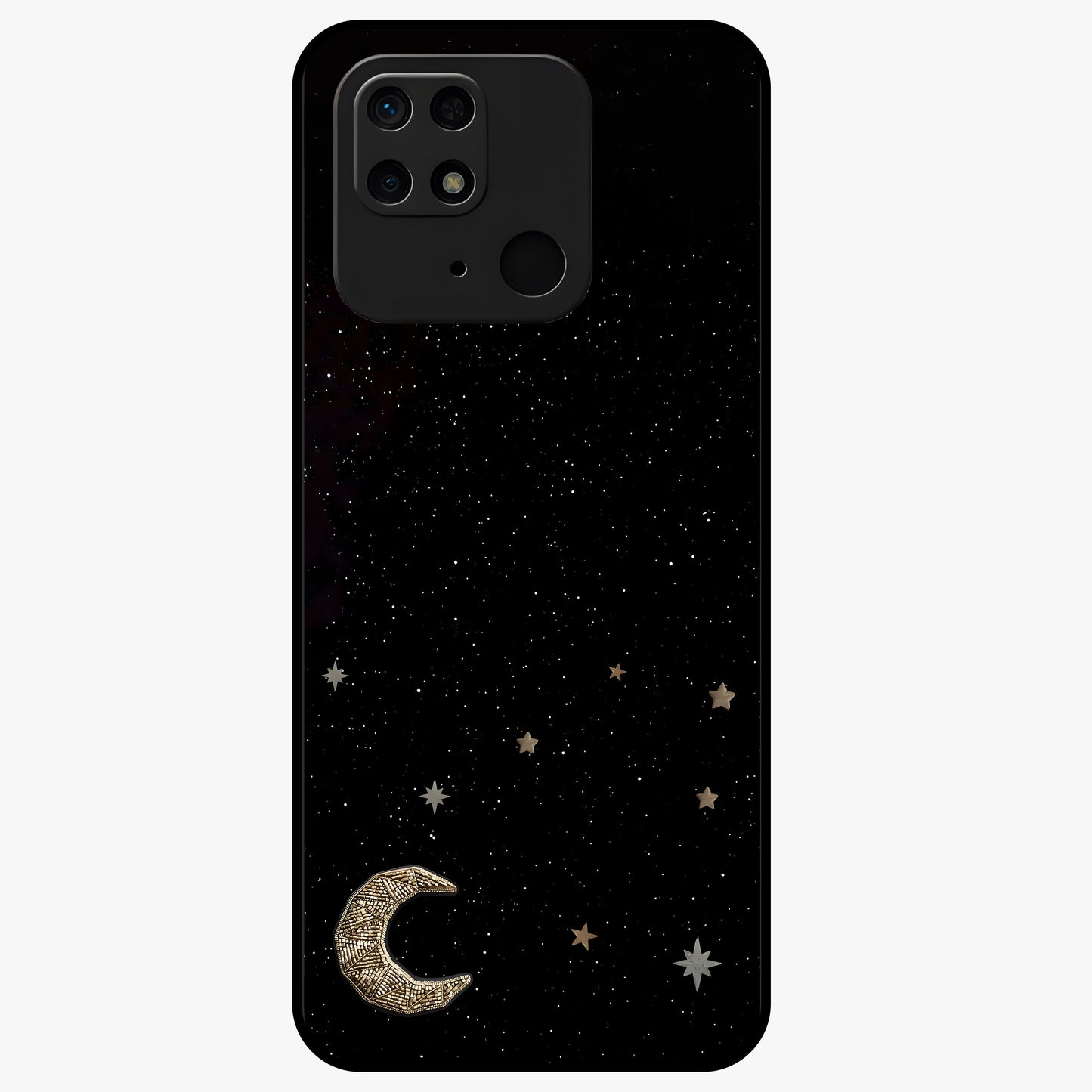Twinkle Star With Half Moon Glass Case showing flat back view with star and half moon artwork and glossy glass finish.