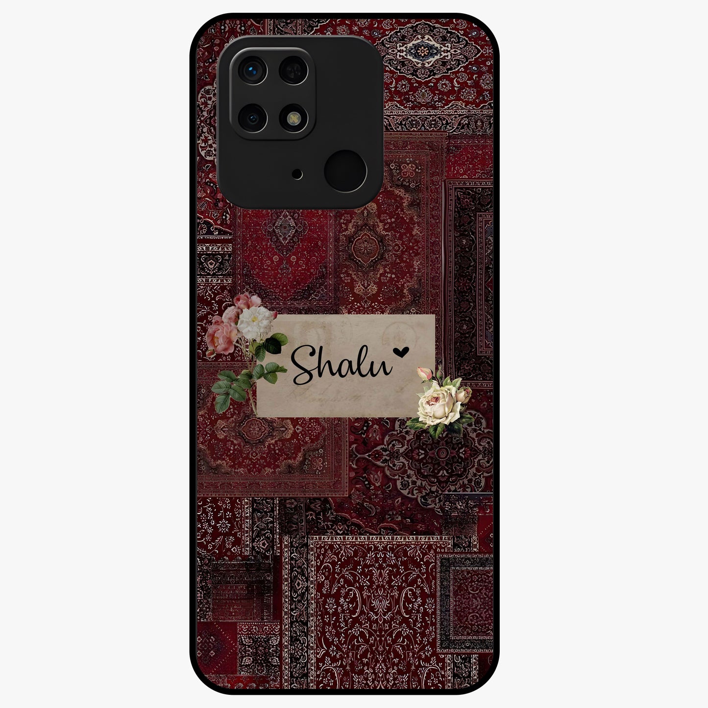 Velvet Wine Pattern Custom Name Glass Case showing flat back view with elegant wine colored pattern artwork and personalized name design.