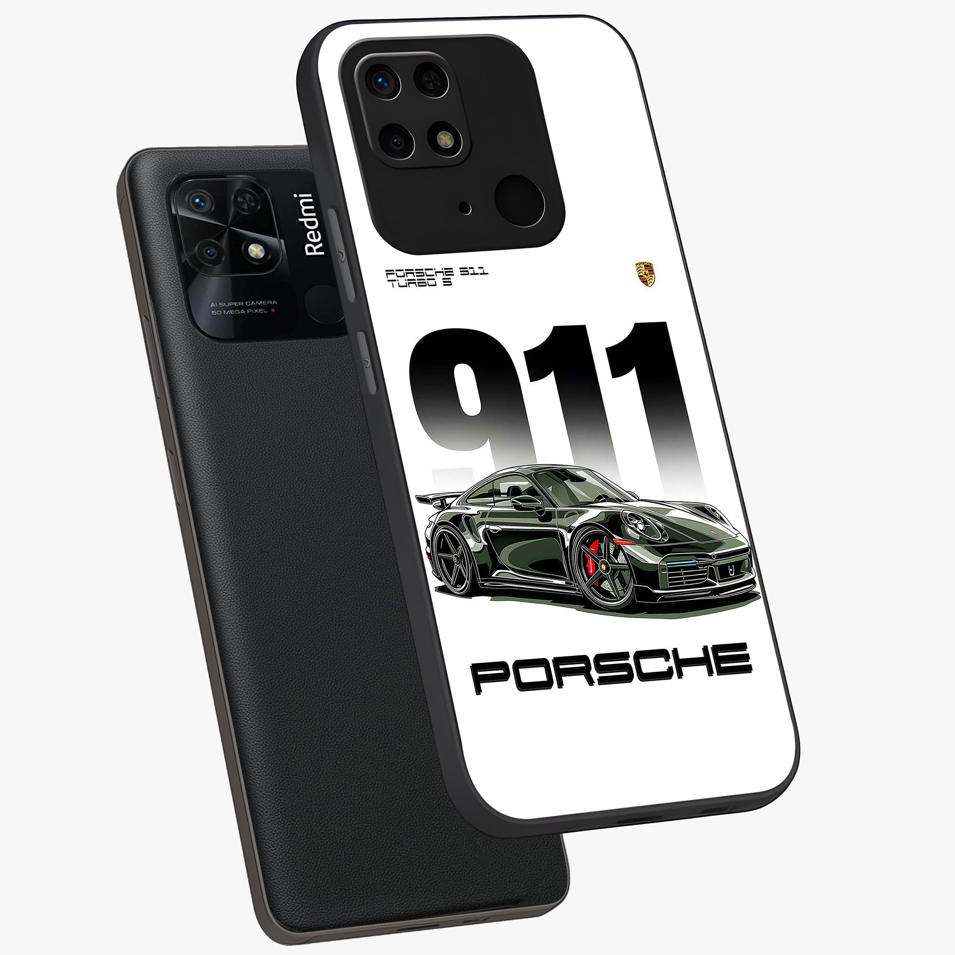 911 Turbo Dominance Glass Case displayed in premium angled mockup highlighting sporty car illustration and sleek glass surface.