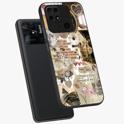 Aesthetic Brown Vintage Collage Glass Case displayed in angled mockup highlighting vintage aesthetic collage design.