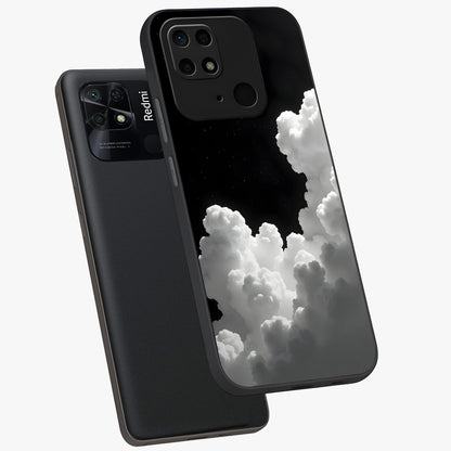 Black Background With White Cloud Glass Case displayed in angled mockup highlighting soft white cloud illustration and minimal design.
