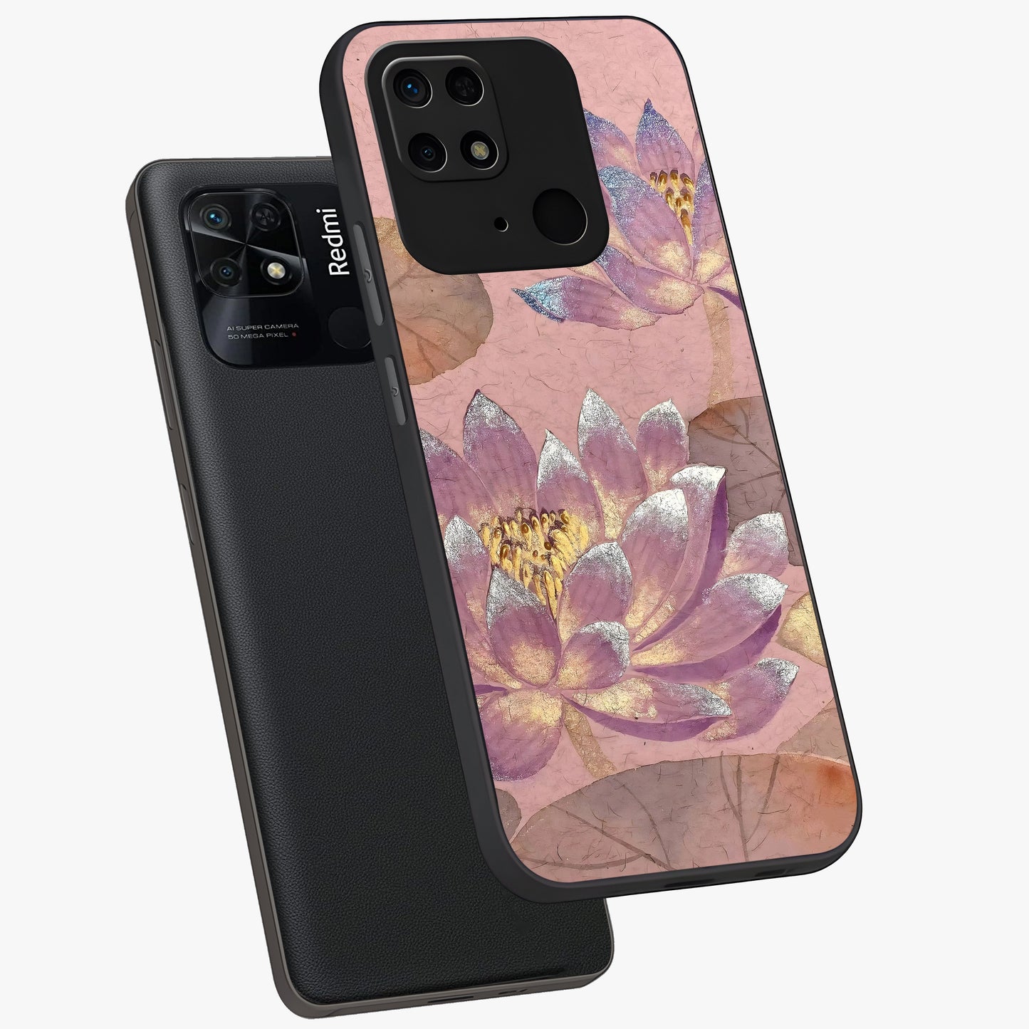 Blossom Mist Lotus Glass Case displayed in angled mockup highlighting delicate lotus illustration with calm aesthetic theme.