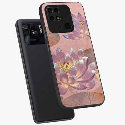 Blossom Mist Lotus Glass Case displayed in angled mockup highlighting delicate lotus illustration with calm aesthetic theme.