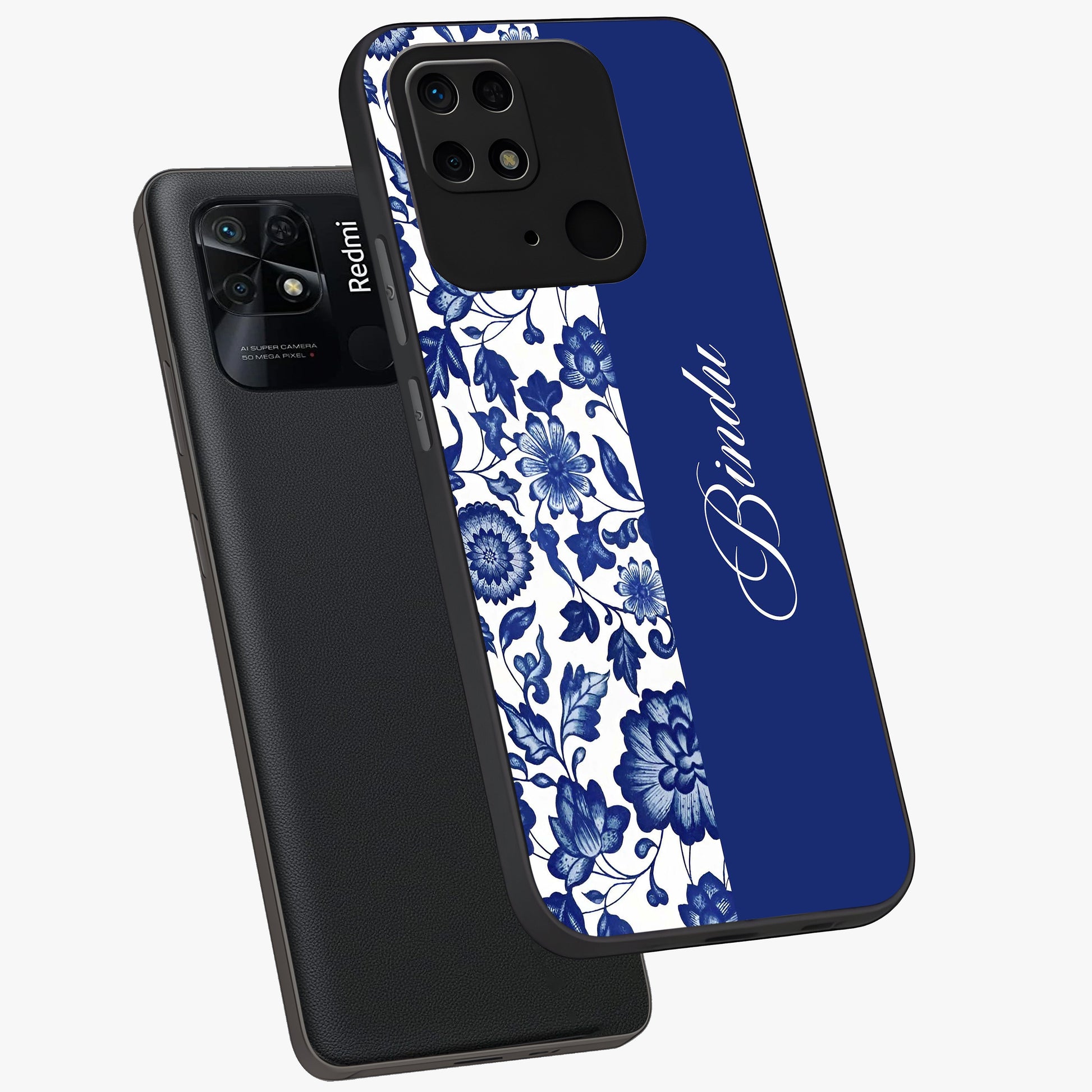 Blue Vintage Floral Pattern Glass Case displayed in angled mockup highlighting subtle bloom pattern with aesthetic pastel design.