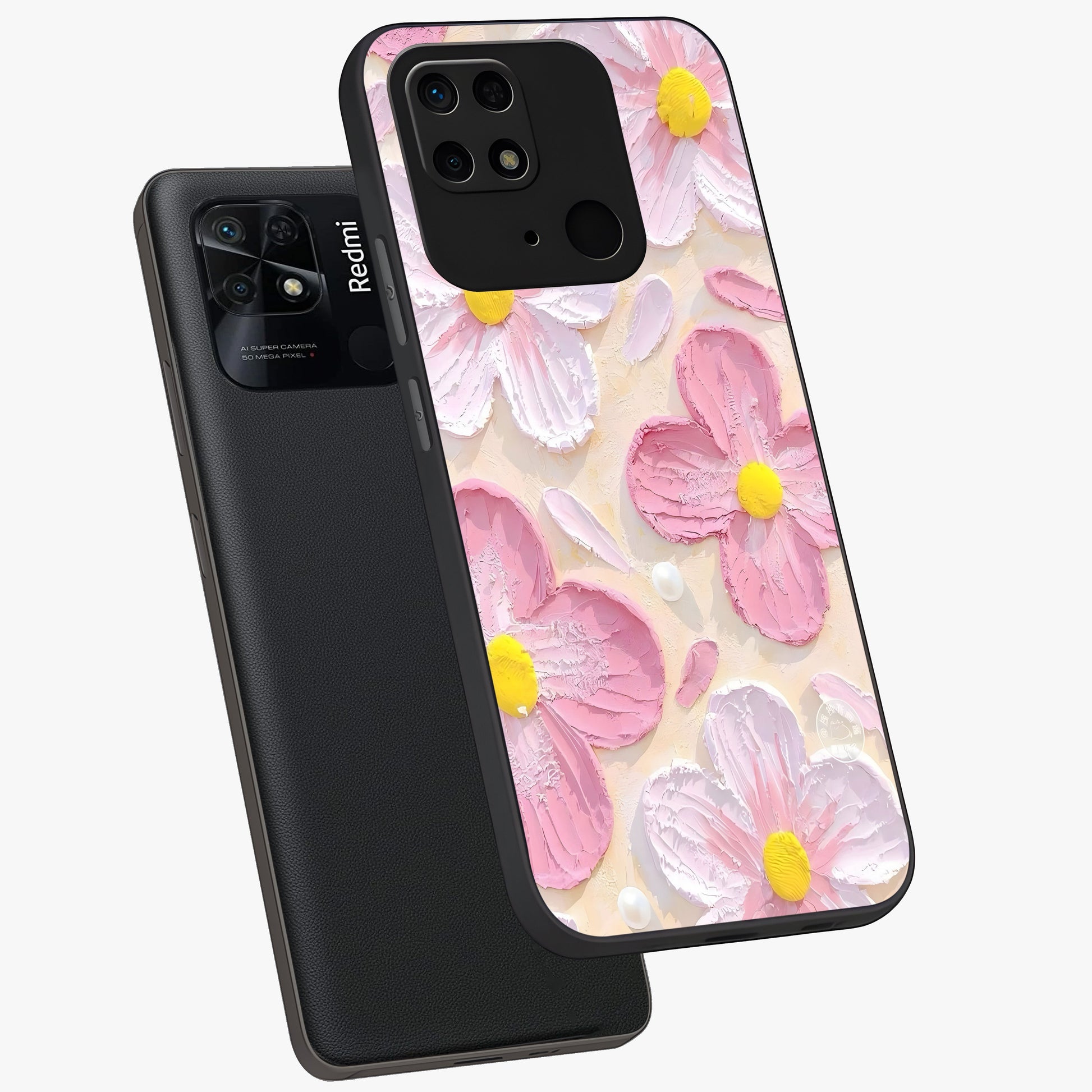 Blush Bloom Texture Glass Case displayed in angled mockup highlighting subtle bloom pattern with aesthetic pastel design.