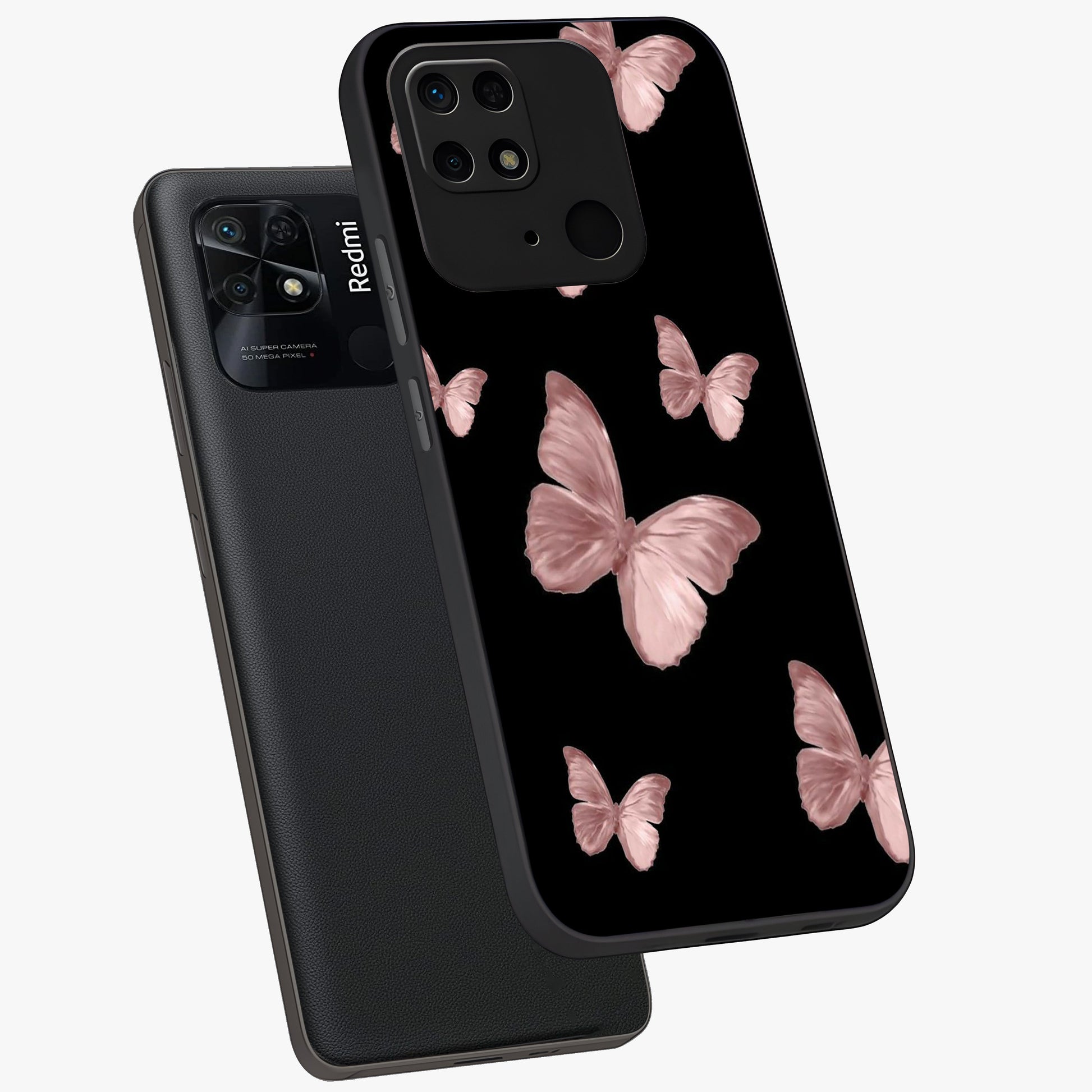 Butterfly Pattern Glass Case displayed in angled mockup highlighting delicate butterfly design and aesthetic pattern style.
