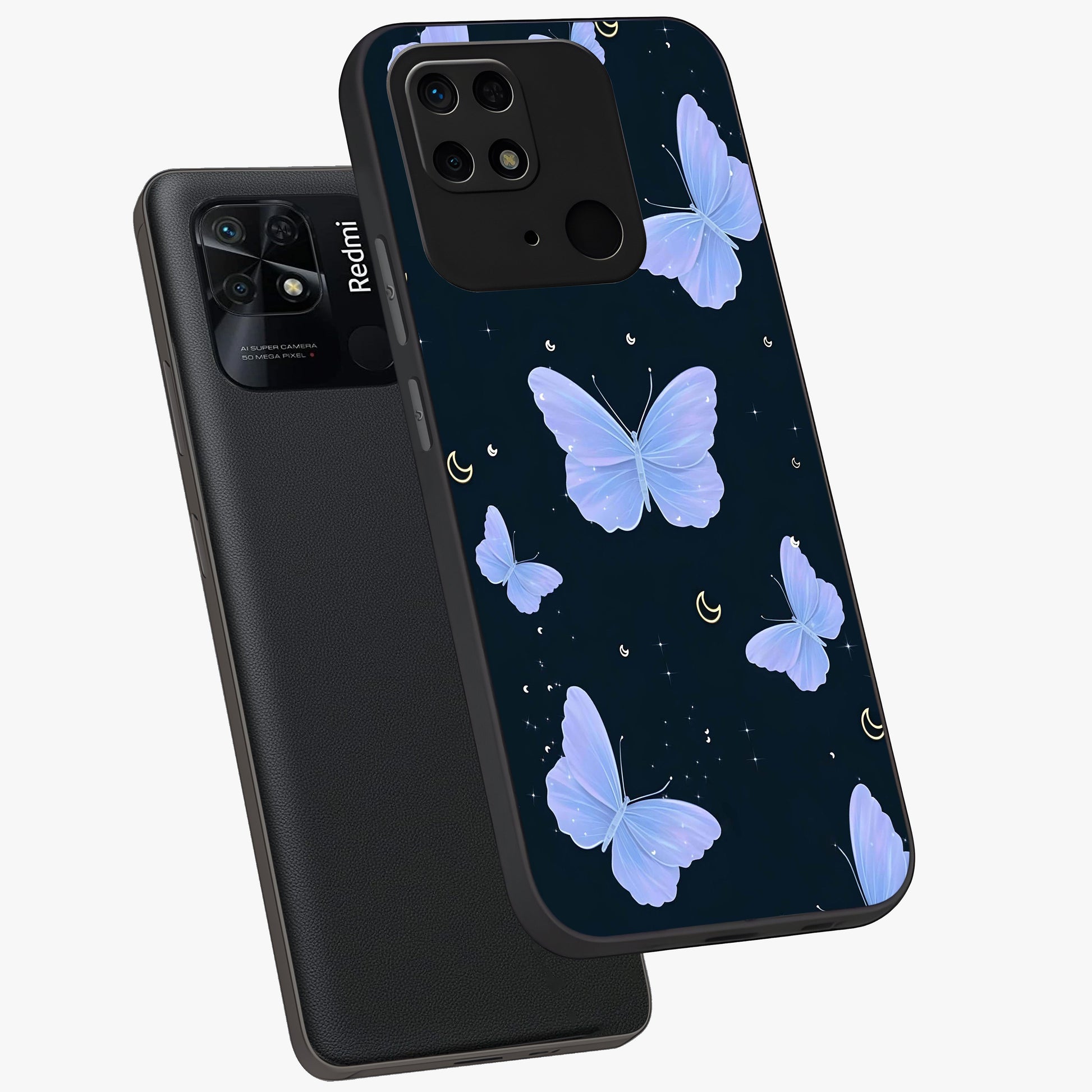 Butterfly With Stars Pattern Glass Case displayed in angled mockup highlighting dreamy butterfly and star design with aesthetic theme.