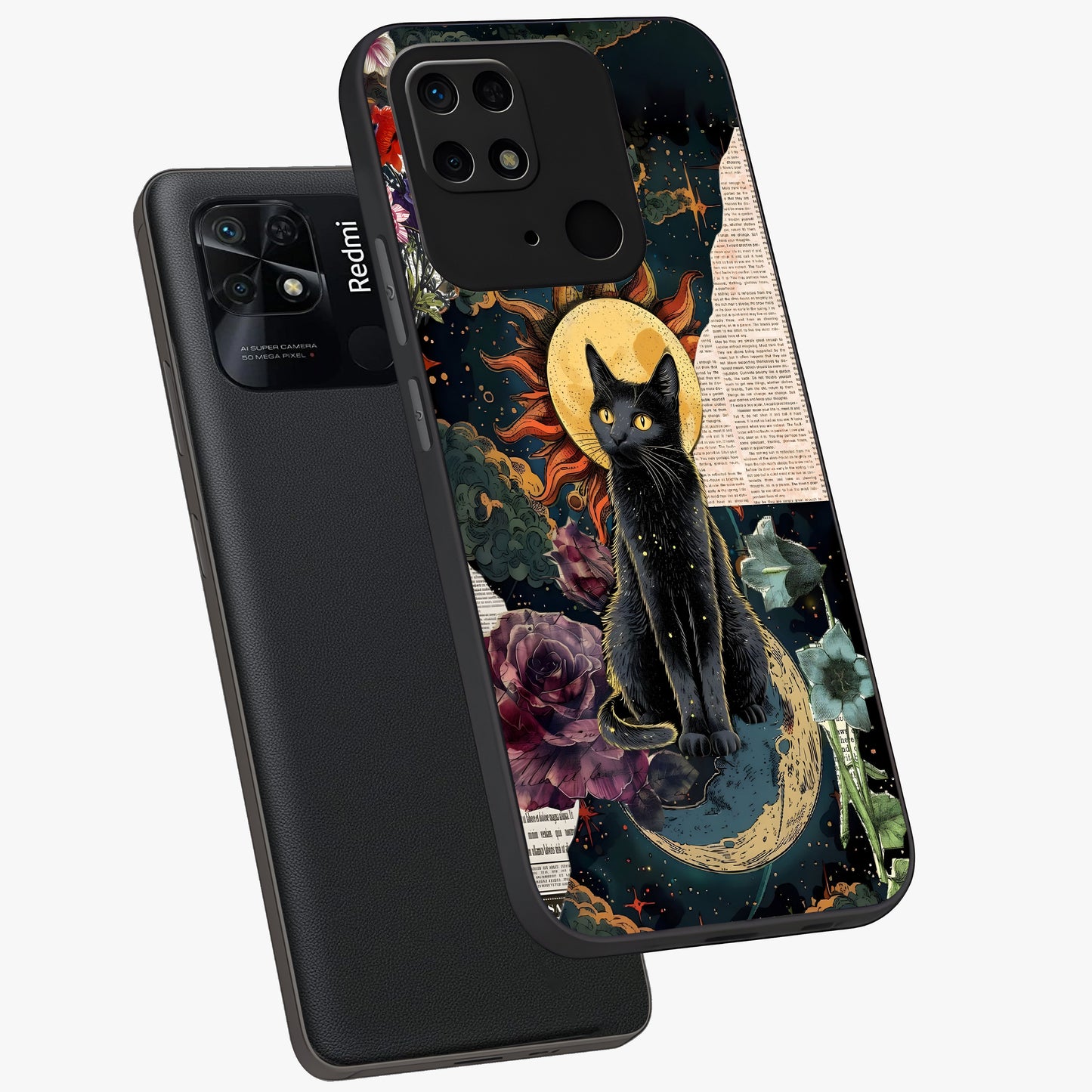 Celestial Black Cat Glass Case displayed in angled mockup highlighting cosmic black cat design with celestial aesthetic.