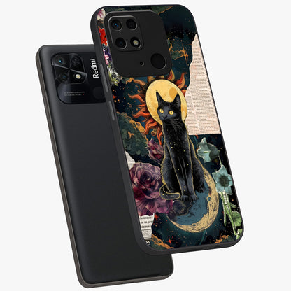 Celestial Black Cat Glass Case displayed in angled mockup highlighting cosmic black cat design with celestial aesthetic.