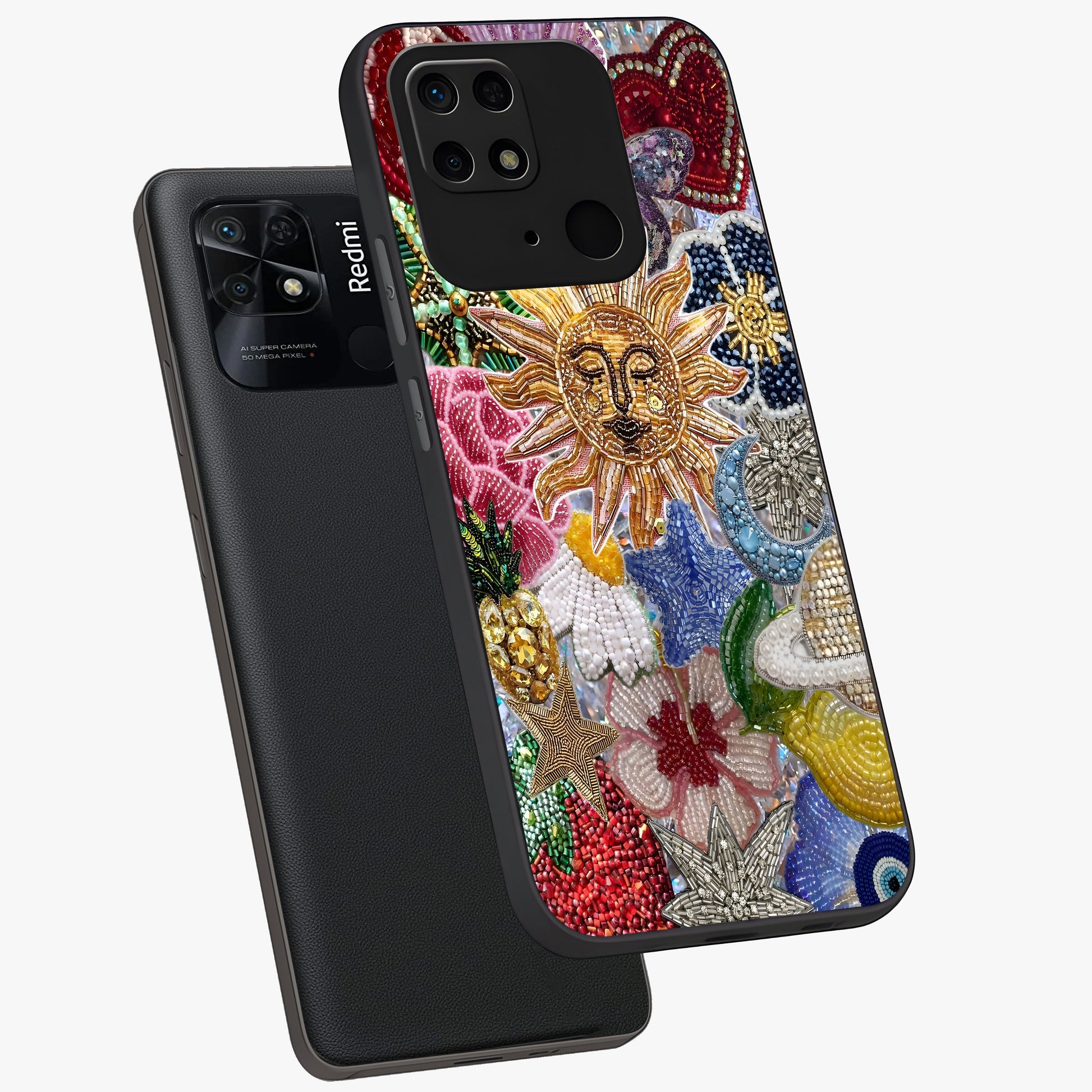 Celestial Floral and Playful Glass Case displayed in angled mockup highlighting playful floral design with dreamy celestial elements.