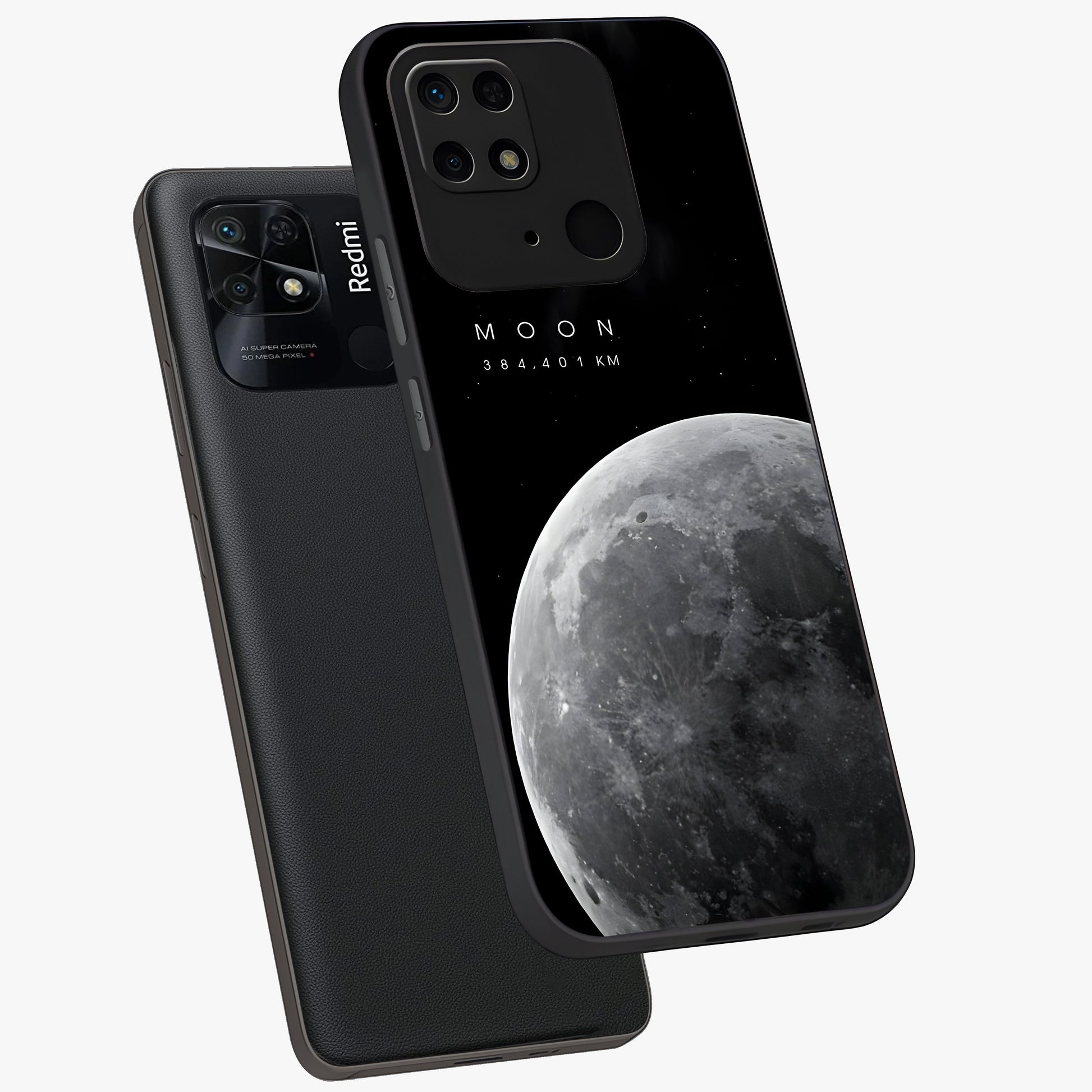 Cosmic Moon Glow Glass Case displayed in angled mockup highlighting celestial moon design with cosmic aesthetic theme.