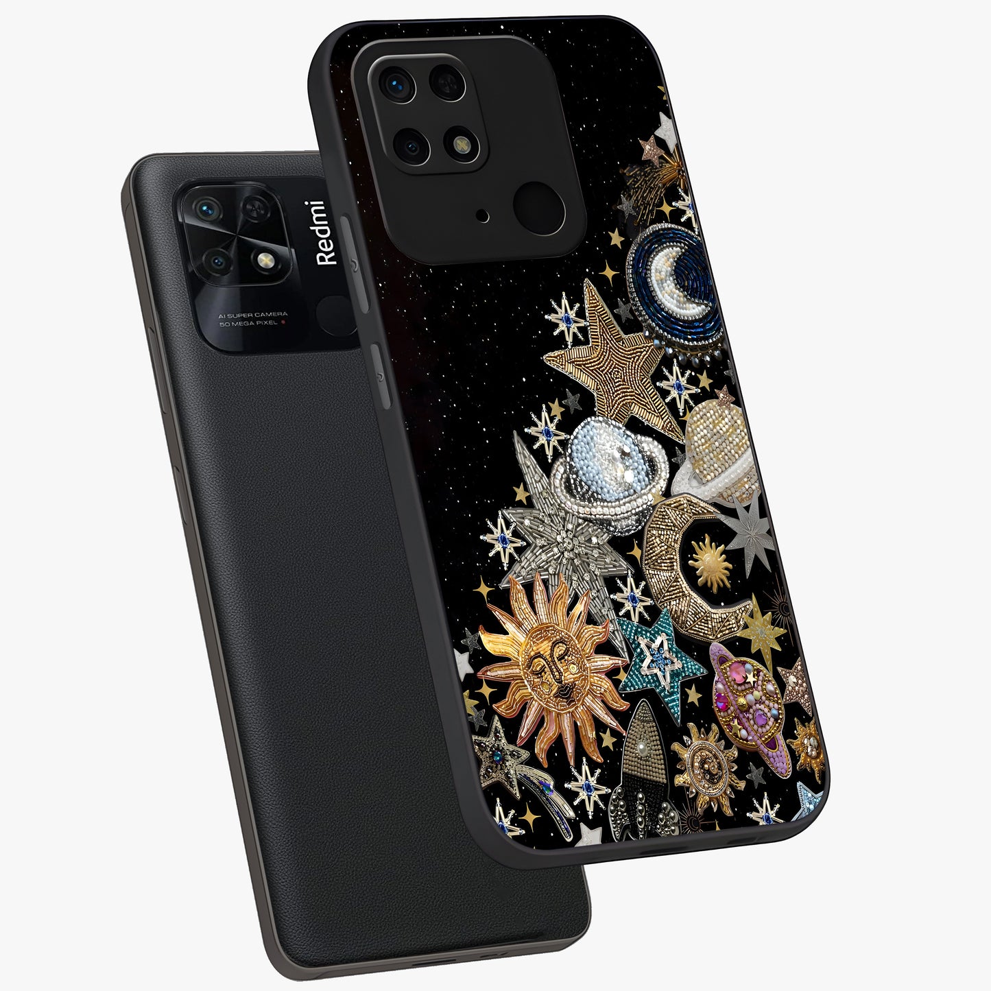 Cosmic Sparkle Dreams Glass Case displayed in angled mockup highlighting dreamy star sparkle design with celestial aesthetic.
