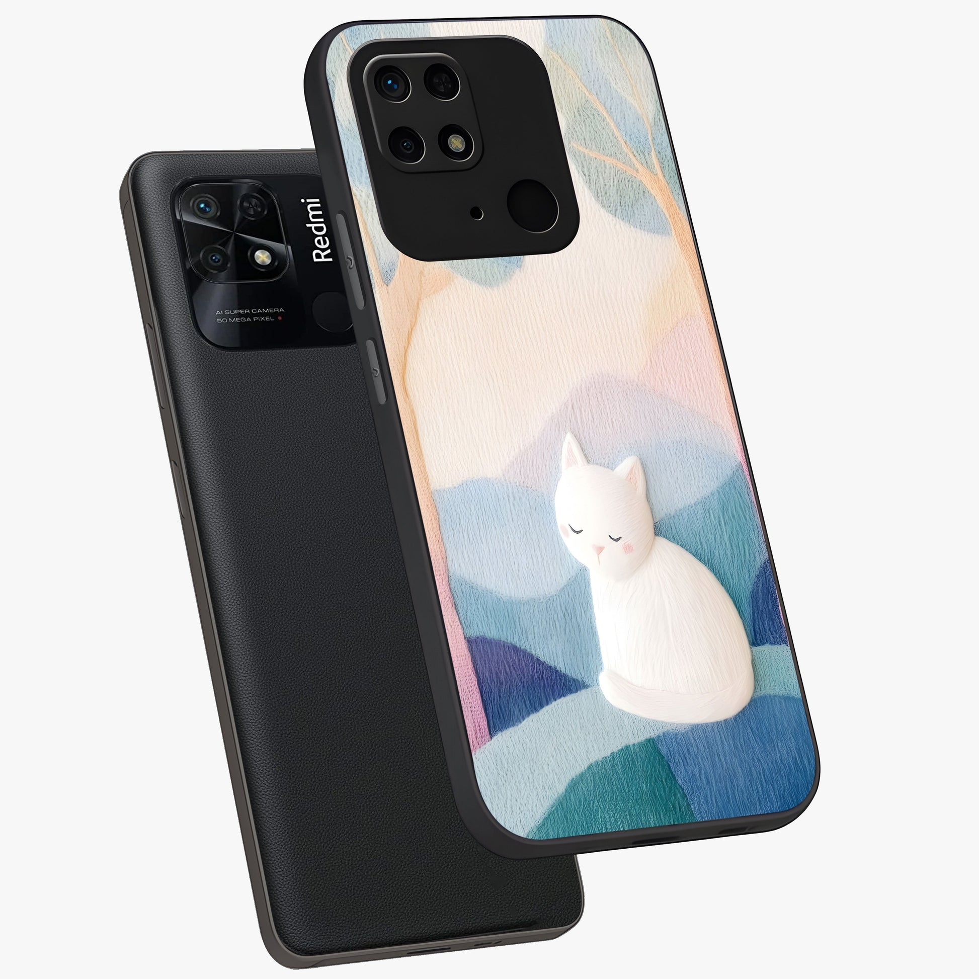 Cotton Dream Cat Glass Case displayed in angled mockup highlighting cute feline illustration with pastel aesthetic style.