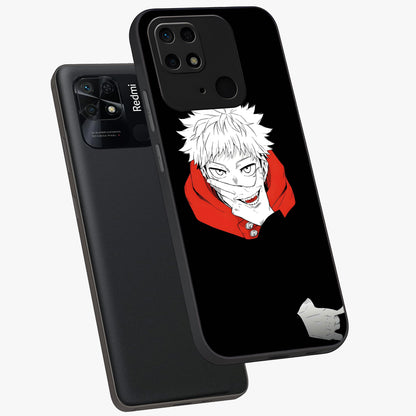 Crimson Chaos Smile Glass Case displayed in angled mockup highlighting edgy crimson smile design with graphic aesthetic.