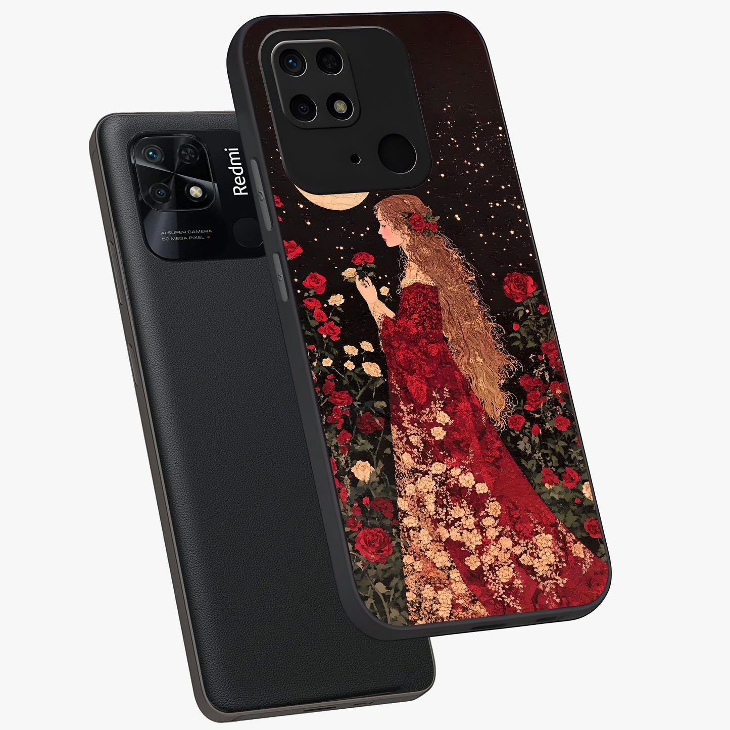 Crimson Dreams Glass Case displayed in angled mockup highlighting soft crimson aesthetic design with artistic theme.