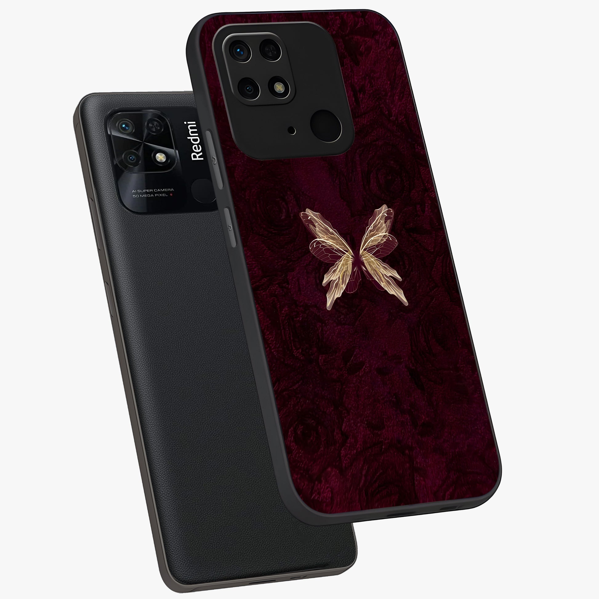Crimson Fade Butterfly Glass Case displayed in angled mockup highlighting elegant butterfly design with crimson gradient aesthetic.