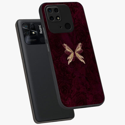 Crimson Fade Butterfly Glass Case displayed in angled mockup highlighting elegant butterfly design with crimson gradient aesthetic.