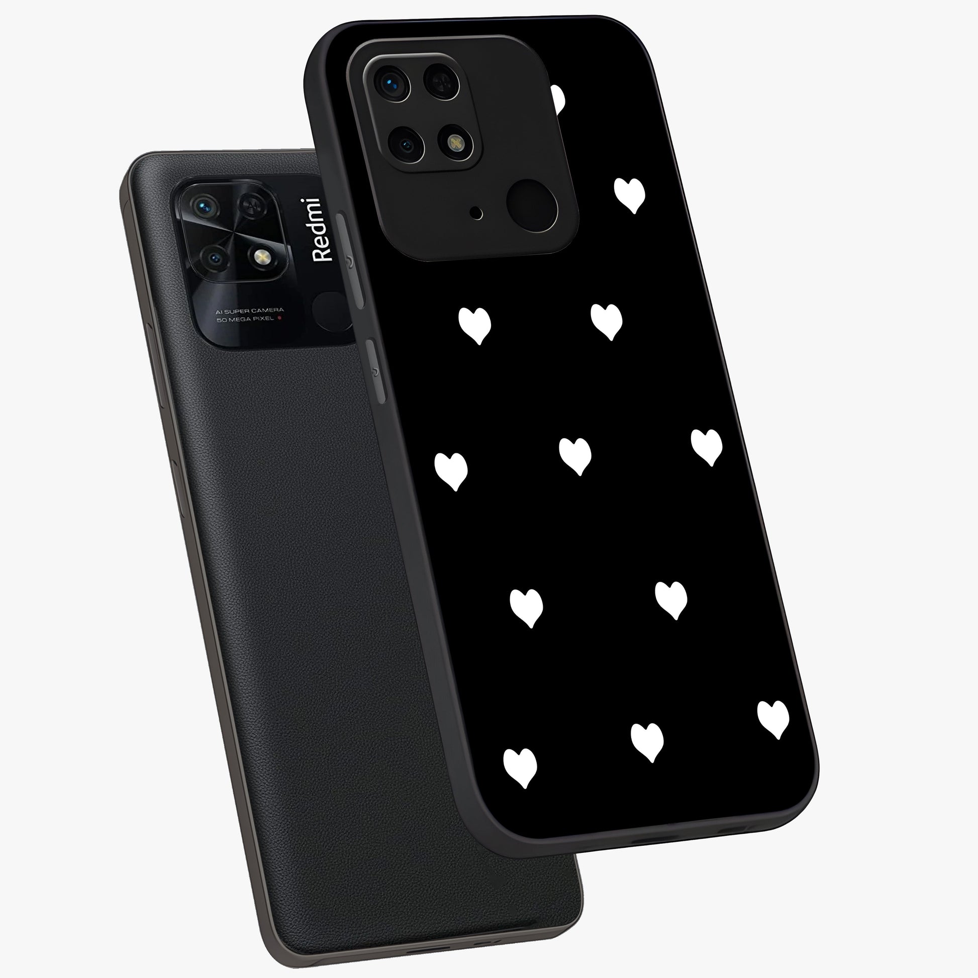 Cute And Simple White Hearts Glass Case displayed in angled mockup highlighting cute heart design with clean aesthetic style.