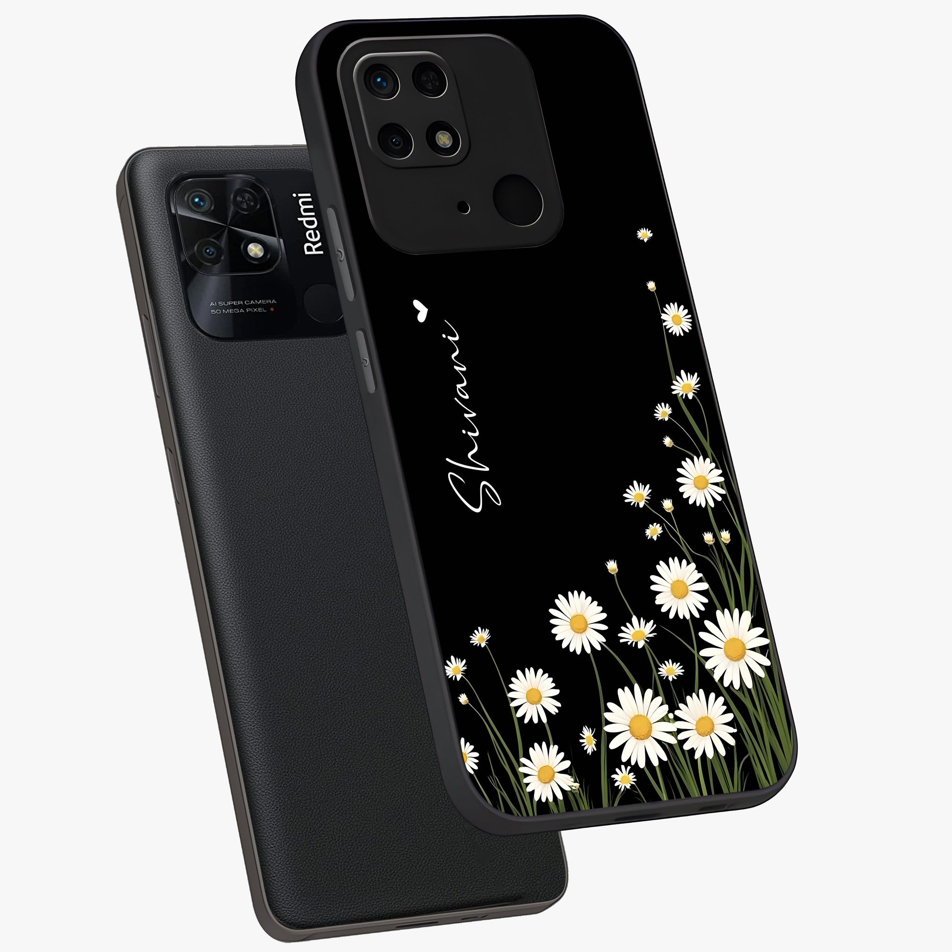 Daisy Cascade Custom Name Glass Case displayed in angled mockup highlighting delicate daisy artwork with custom name feature.