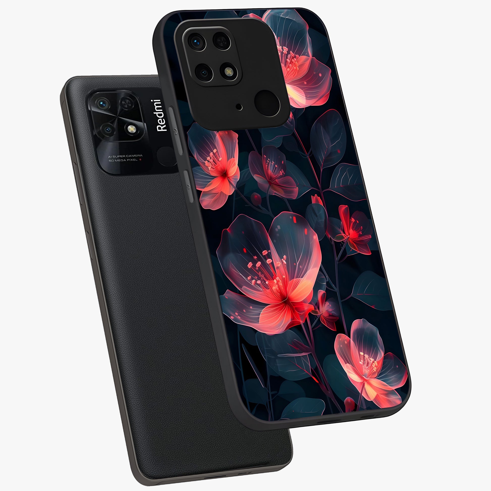 Dark Shade of Flower Glass Case displayed in angled mockup highlighting moody floral illustration with aesthetic dark tones.