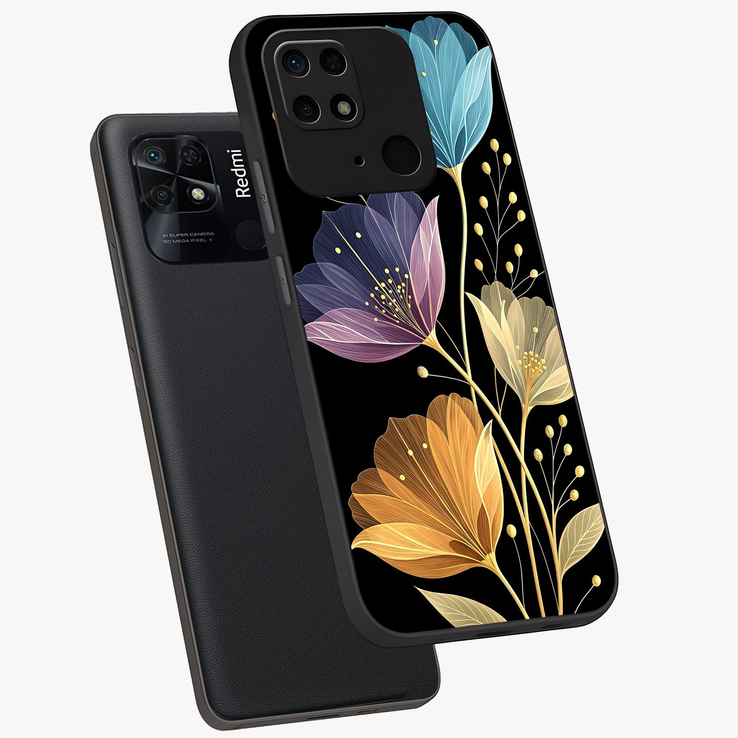 Delicate Multicolor Flowers Glass Case displayed in angled mockup highlighting colorful flower pattern with soft aesthetic style.