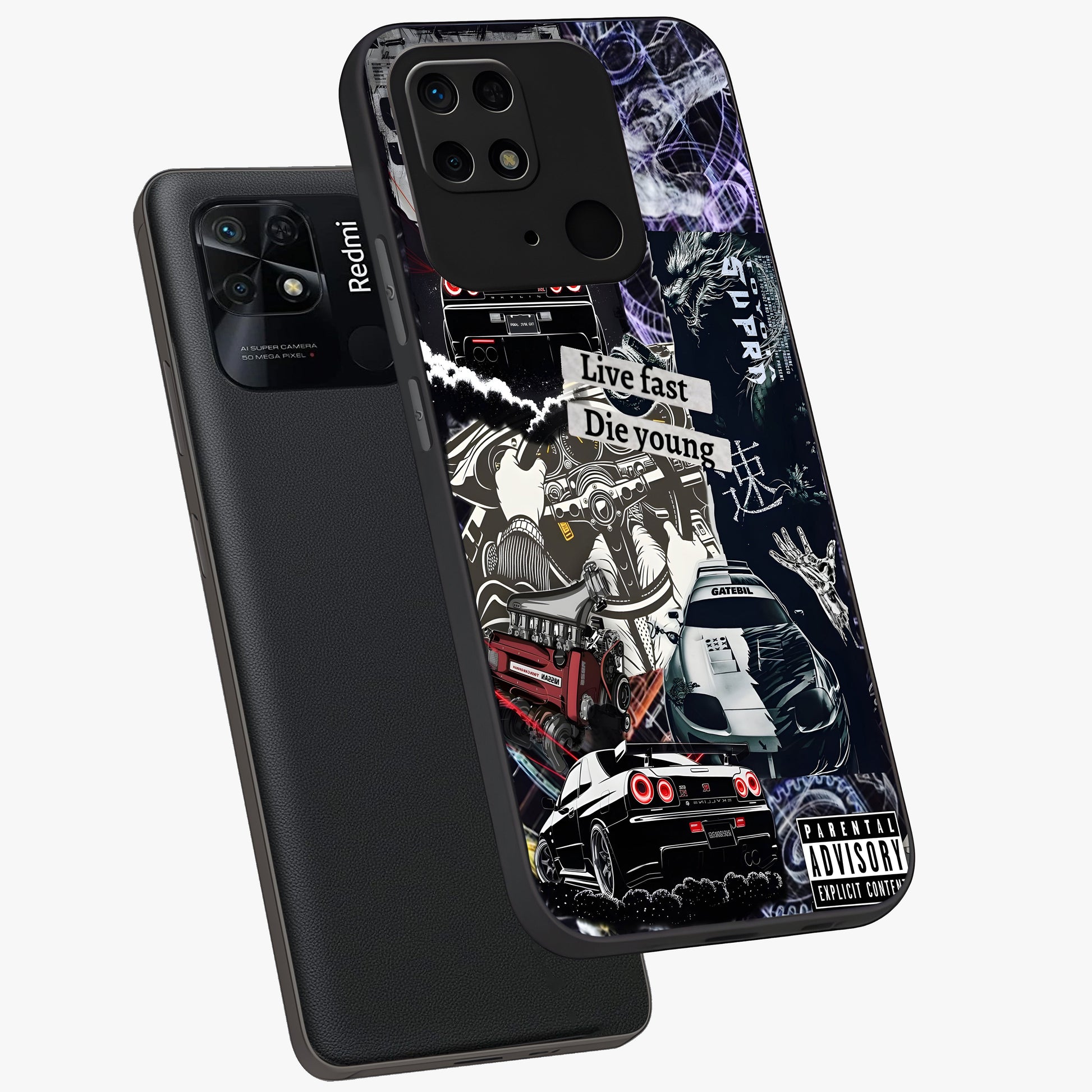 Die Young Glass Case displayed in angled mockup highlighting expressive graphic artwork with edgy aesthetic style.