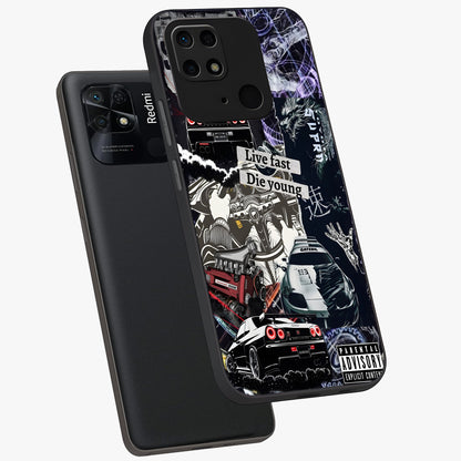 Die Young Glass Case displayed in angled mockup highlighting expressive graphic artwork with edgy aesthetic style.
