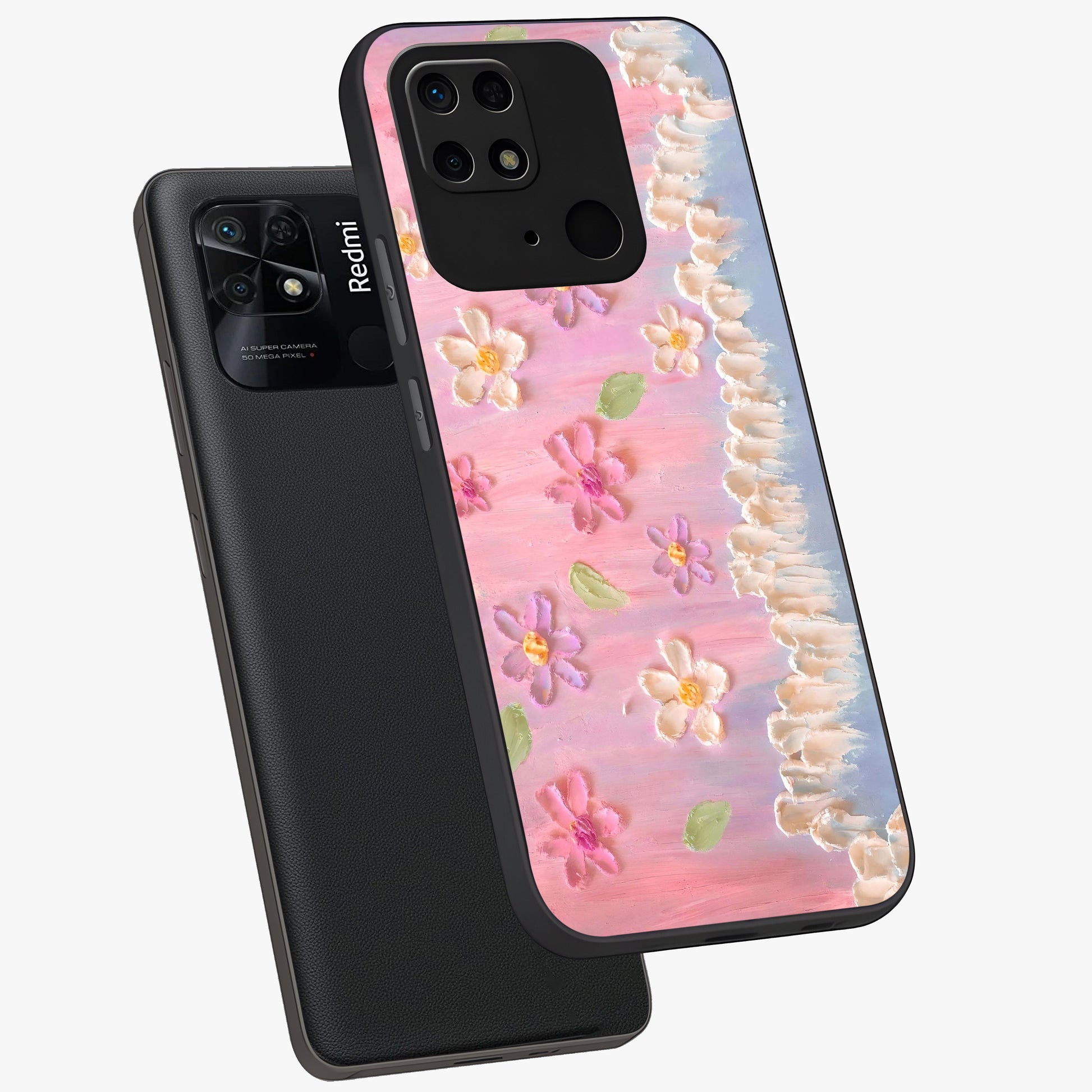 Dreamy Painted Garden Glass Case displayed in angled mockup highlighting colorful garden illustration with dreamy aesthetic style.