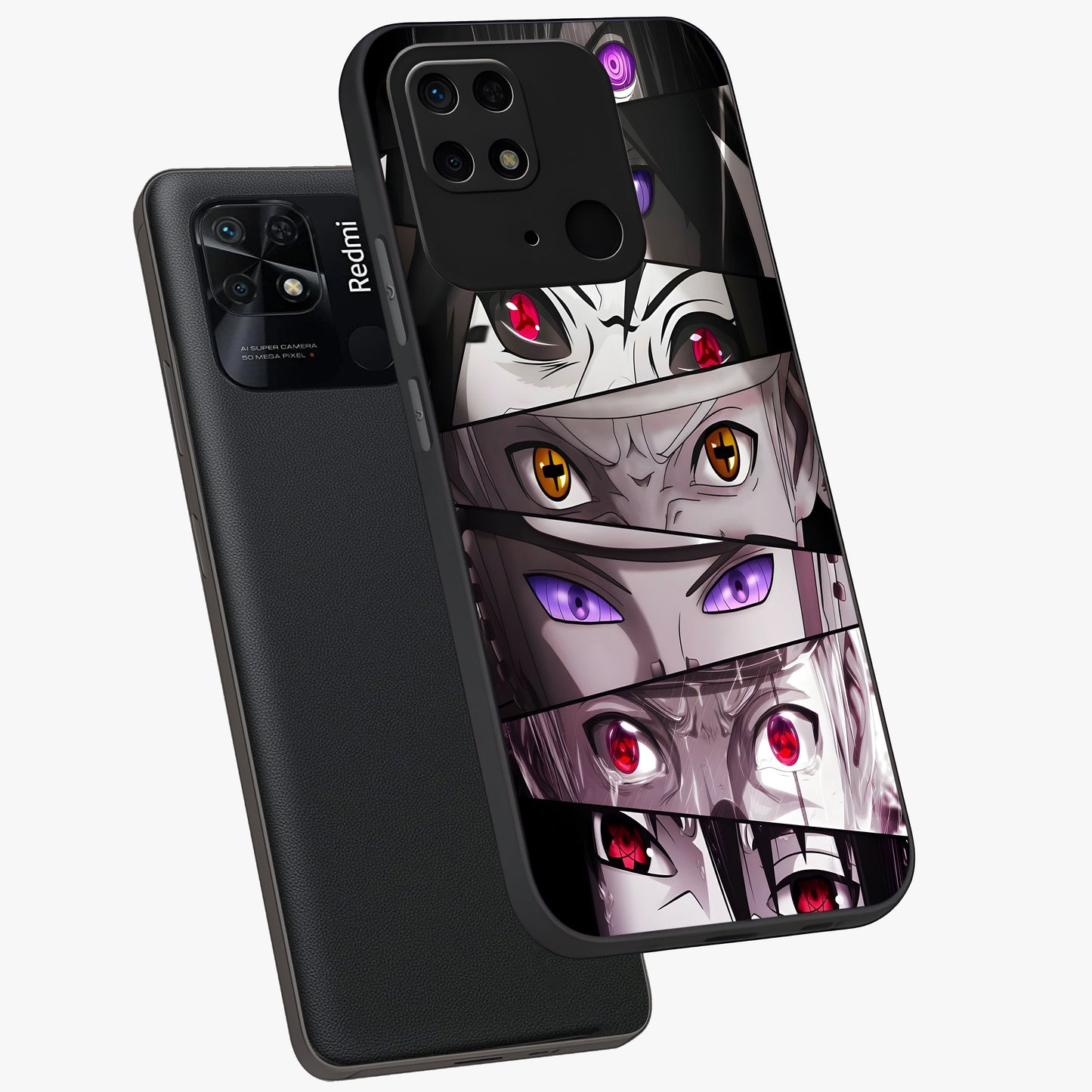 Eyes of Destiny Glass Case displayed in angled mockup highlighting bold eye illustration with mystical aesthetic style.