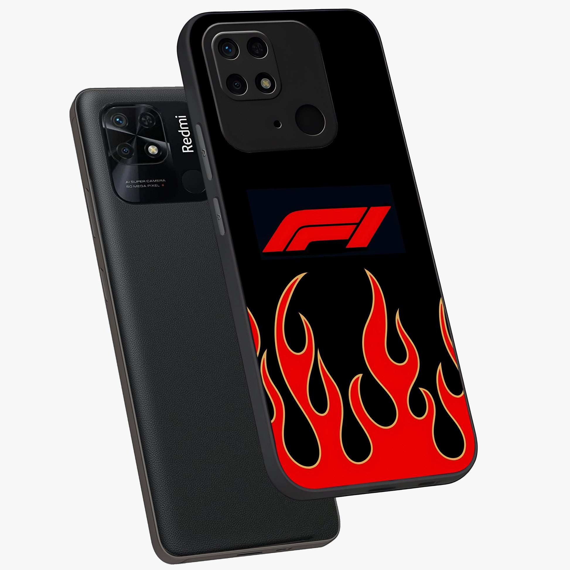 Fire F11 Glass Case displayed in angled mockup highlighting bold fire inspired graphic with energetic aesthetic style.