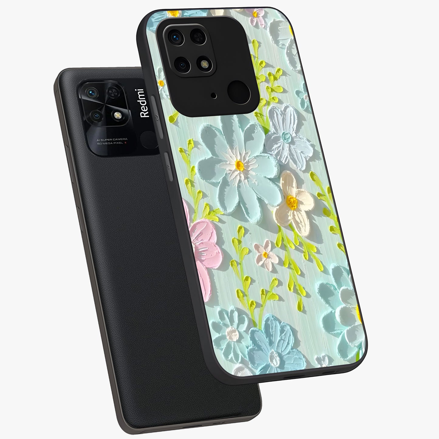 Frosted Petal Garden Glass Case displayed in angled mockup highlighting delicate flower petal design with calm garden aesthetic.