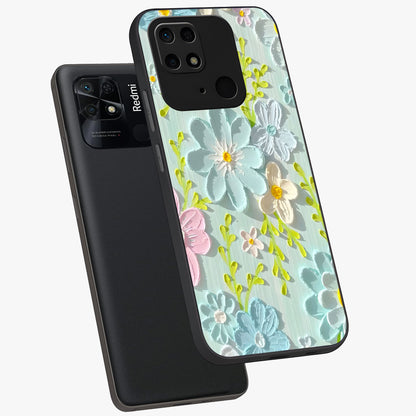 Frosted Petal Garden Glass Case displayed in angled mockup highlighting delicate flower petal design with calm garden aesthetic.